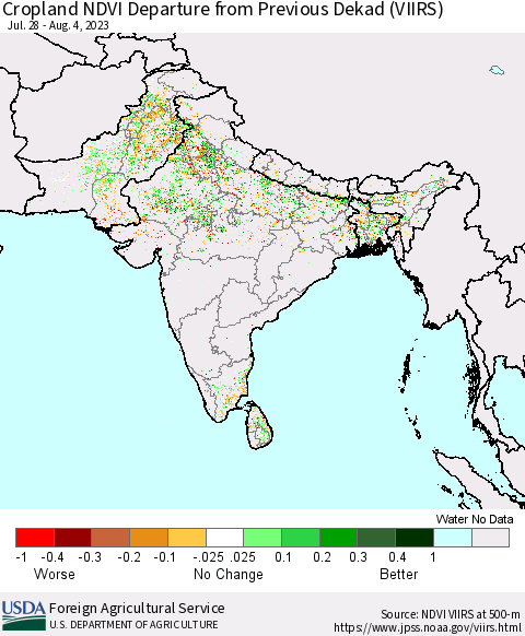 Southern Asia Cropland NDVI Departure from Previous Dekad (VIIRS) Thematic Map For 8/1/2023 - 8/10/2023