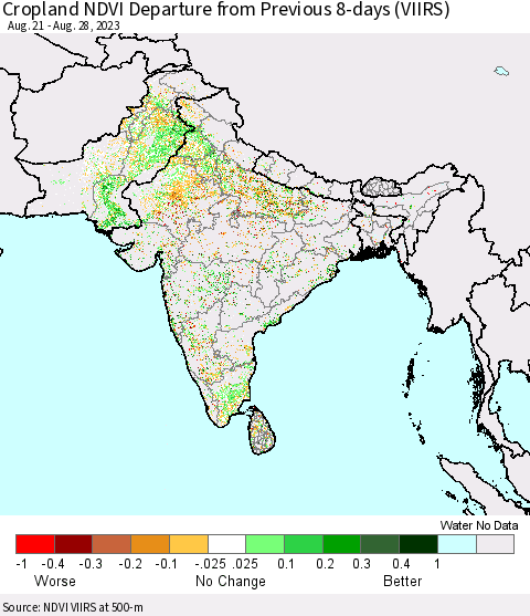 Southern Asia Cropland NDVI Departure from Previous 8-days (VIIRS) Thematic Map For 8/21/2023 - 8/28/2023