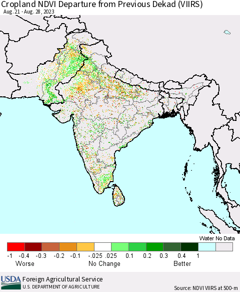 Southern Asia Cropland NDVI Departure from Previous Dekad (VIIRS) Thematic Map For 8/21/2023 - 8/31/2023