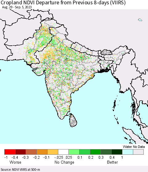 Southern Asia Cropland NDVI Departure from Previous 8-days (VIIRS) Thematic Map For 8/29/2023 - 9/5/2023