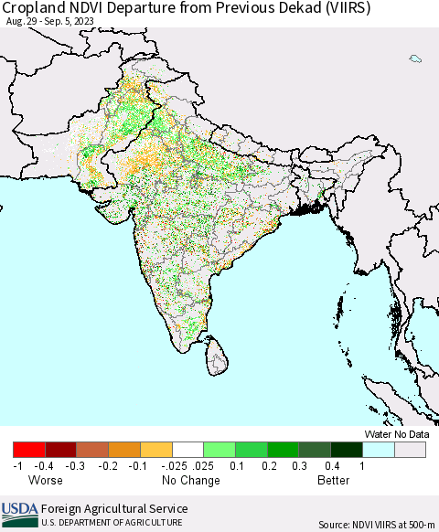 Southern Asia Cropland NDVI Departure from Previous Dekad (VIIRS) Thematic Map For 9/1/2023 - 9/10/2023