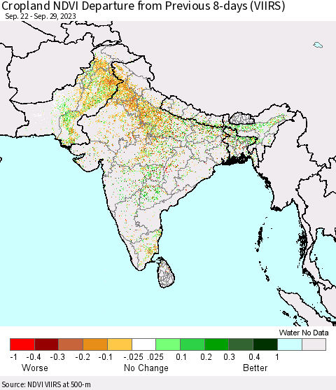 Southern Asia Cropland NDVI Departure from Previous 8-days (VIIRS) Thematic Map For 9/22/2023 - 9/29/2023