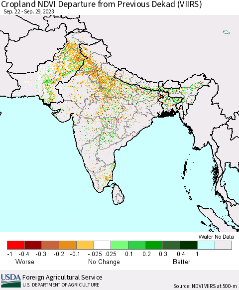 Southern Asia Cropland NDVI Departure from Previous Dekad (VIIRS) Thematic Map For 9/21/2023 - 9/30/2023