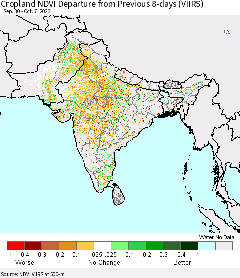 Southern Asia Cropland NDVI Departure from Previous 8-days (VIIRS) Thematic Map For 9/30/2023 - 10/7/2023