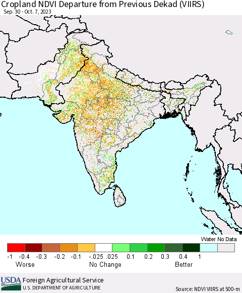 Southern Asia Cropland NDVI Departure from Previous Dekad (VIIRS) Thematic Map For 10/1/2023 - 10/10/2023