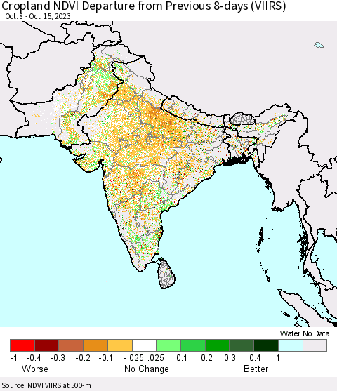Southern Asia Cropland NDVI Departure from Previous 8-days (VIIRS) Thematic Map For 10/8/2023 - 10/15/2023