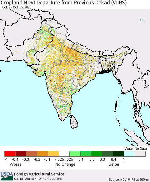 Southern Asia Cropland NDVI Departure from Previous Dekad (VIIRS) Thematic Map For 10/11/2023 - 10/20/2023