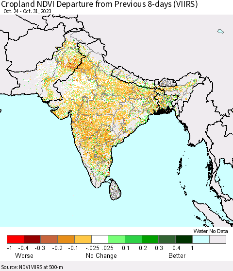 Southern Asia Cropland NDVI Departure from Previous 8-days (VIIRS) Thematic Map For 10/24/2023 - 10/31/2023