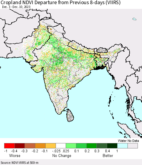 Southern Asia Cropland NDVI Departure from Previous 8-days (VIIRS) Thematic Map For 12/3/2023 - 12/10/2023