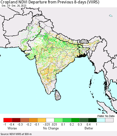 Southern Asia Cropland NDVI Departure from Previous 8-days (VIIRS) Thematic Map For 12/19/2023 - 12/26/2023