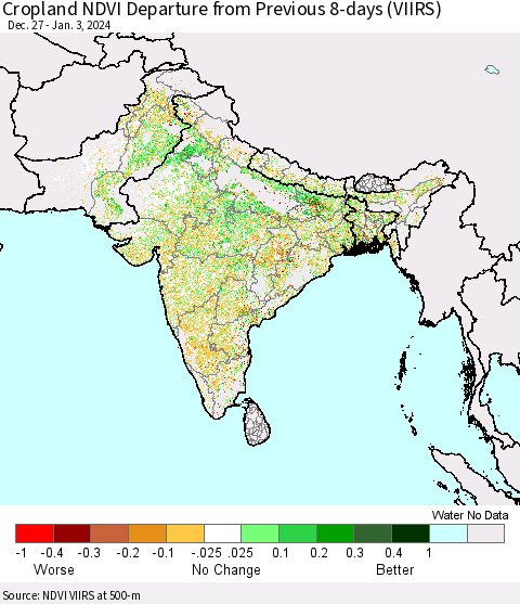 Southern Asia Cropland NDVI Departure from Previous 8-days (VIIRS) Thematic Map For 12/27/2023 - 1/3/2024