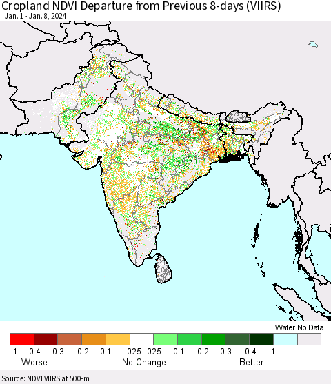 Southern Asia Cropland NDVI Departure from Previous 8-days (VIIRS) Thematic Map For 1/1/2024 - 1/8/2024