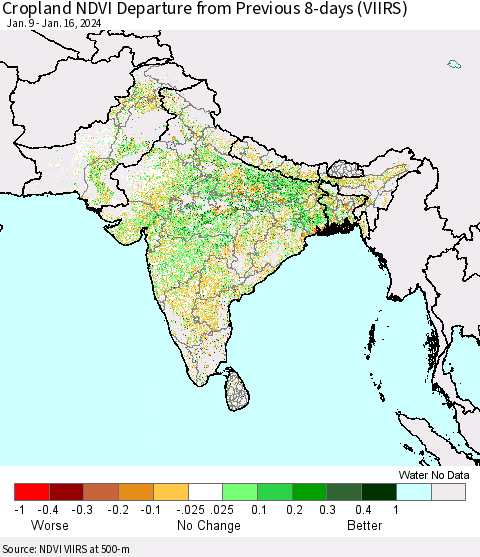 Southern Asia Cropland NDVI Departure from Previous 8-days (VIIRS) Thematic Map For 1/9/2024 - 1/16/2024