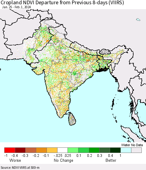 Southern Asia Cropland NDVI Departure from Previous 8-days (VIIRS) Thematic Map For 1/25/2024 - 2/1/2024