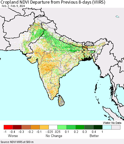 Southern Asia Cropland NDVI Departure from Previous 8-days (VIIRS) Thematic Map For 2/2/2024 - 2/9/2024