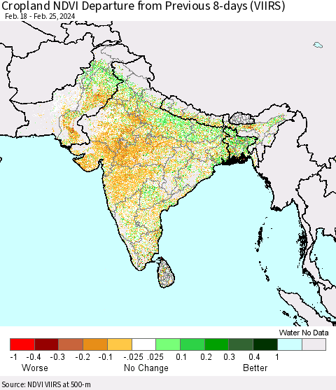 Southern Asia Cropland NDVI Departure from Previous 8-days (VIIRS) Thematic Map For 2/18/2024 - 2/25/2024