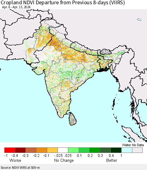 Southern Asia Cropland NDVI Departure from Previous 8-days (VIIRS) Thematic Map For 4/6/2024 - 4/13/2024
