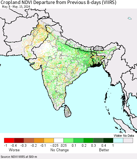 Southern Asia Cropland NDVI Departure from Previous 8-days (VIIRS) Thematic Map For 5/8/2024 - 5/15/2024