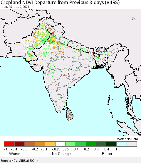 Southern Asia Cropland NDVI Departure from Previous 8-days (VIIRS) Thematic Map For 6/25/2024 - 7/2/2024