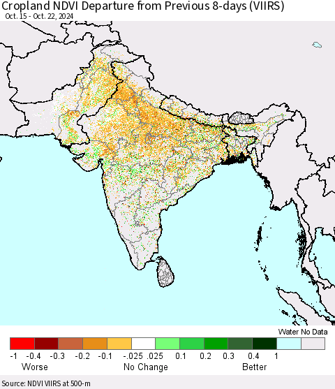 Southern Asia Cropland NDVI Departure from Previous 8-days (VIIRS) Thematic Map For 10/15/2024 - 10/22/2024