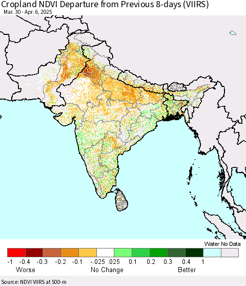 Southern Asia Cropland NDVI Departure from Previous 8-days (VIIRS) Thematic Map For 3/30/2025 - 4/6/2025