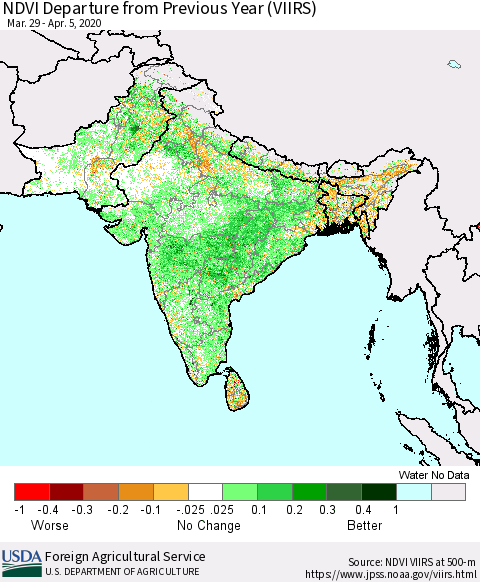 Southern Asia NDVI Departure from Previous Year (VIIRS) Thematic Map For 4/1/2020 - 4/10/2020