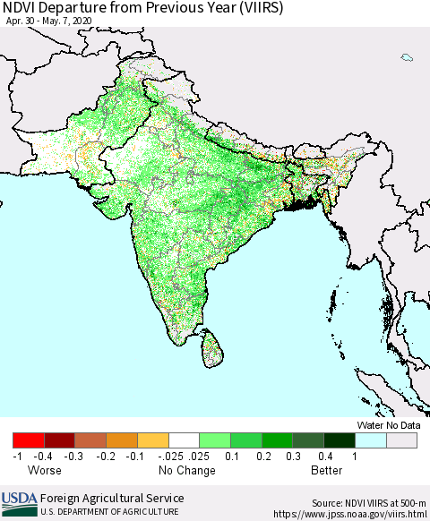 Southern Asia NDVI Departure from Previous Year (VIIRS) Thematic Map For 5/1/2020 - 5/10/2020
