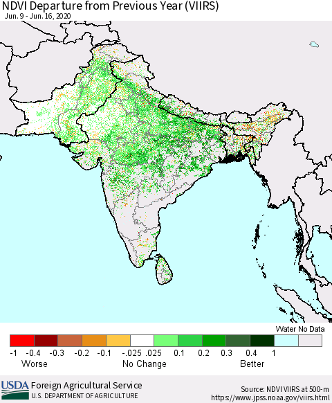 Southern Asia NDVI Departure from Previous Year (VIIRS) Thematic Map For 6/11/2020 - 6/20/2020