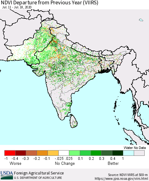 Southern Asia NDVI Departure from Previous Year (VIIRS) Thematic Map For 7/11/2020 - 7/20/2020