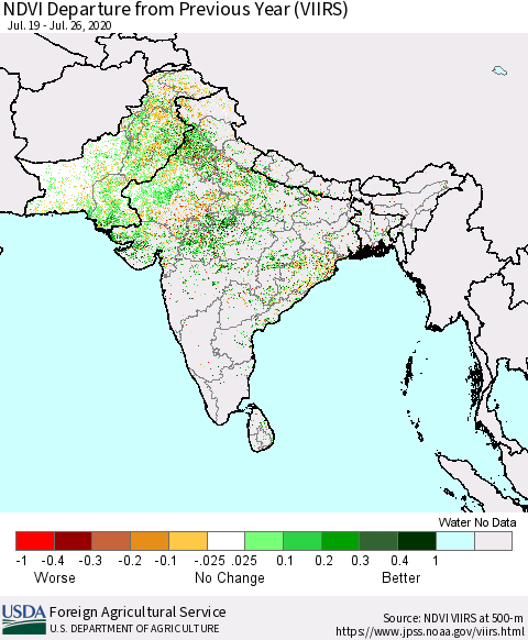 Southern Asia NDVI Departure from Previous Year (VIIRS) Thematic Map For 7/21/2020 - 7/31/2020