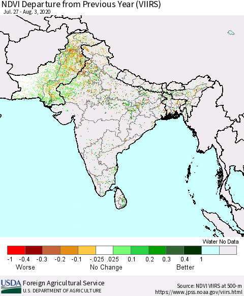 Southern Asia NDVI Departure from Previous Year (VIIRS) Thematic Map For 8/1/2020 - 8/10/2020