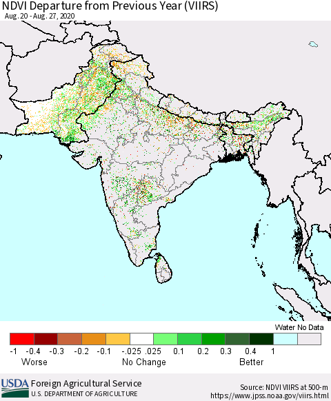 Southern Asia NDVI Departure from Previous Year (VIIRS) Thematic Map For 8/21/2020 - 8/31/2020