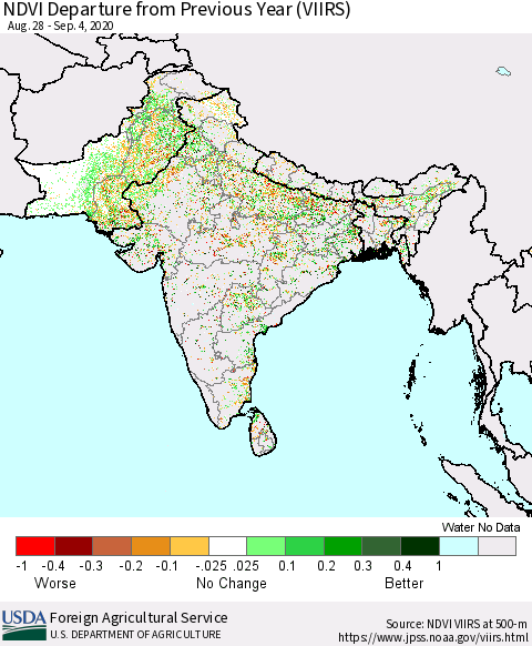 Southern Asia NDVI Departure from Previous Year (VIIRS) Thematic Map For 9/1/2020 - 9/10/2020