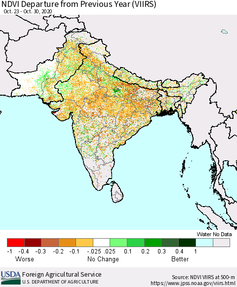 Southern Asia NDVI Departure from Previous Year (VIIRS) Thematic Map For 10/21/2020 - 10/31/2020