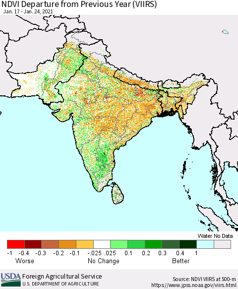 Southern Asia NDVI Departure from Previous Year (VIIRS) Thematic Map For 1/21/2021 - 1/31/2021