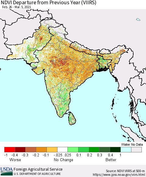 Southern Asia NDVI Departure from Previous Year (VIIRS) Thematic Map For 3/1/2021 - 3/10/2021