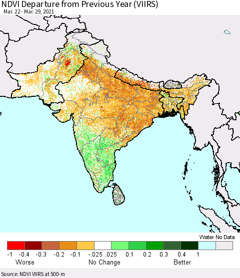 Southern Asia NDVI Departure from Previous Year (VIIRS) Thematic Map For 3/22/2021 - 3/29/2021