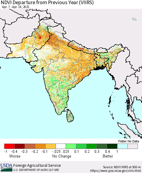 Southern Asia NDVI Departure from Previous Year (VIIRS) Thematic Map For 4/11/2021 - 4/20/2021