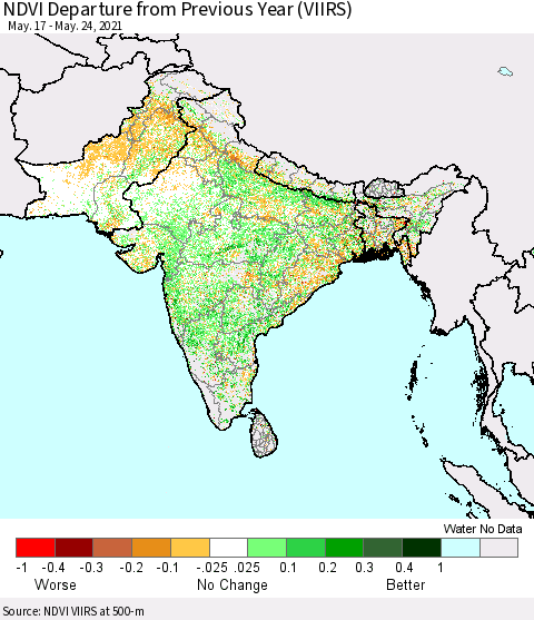 Southern Asia NDVI Departure from Previous Year (VIIRS) Thematic Map For 5/17/2021 - 5/24/2021