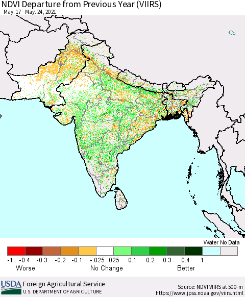 Southern Asia NDVI Departure from Previous Year (VIIRS) Thematic Map For 5/21/2021 - 5/31/2021