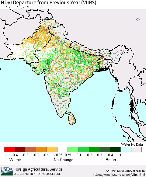 Southern Asia NDVI Departure from Previous Year (VIIRS) Thematic Map For 6/1/2021 - 6/10/2021