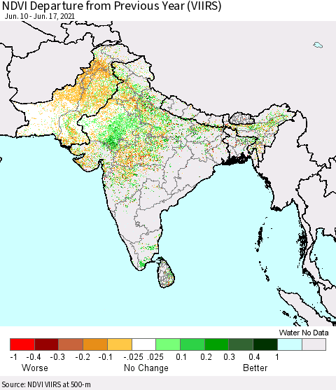 Southern Asia NDVI Departure from Previous Year (VIIRS) Thematic Map For 6/10/2021 - 6/17/2021
