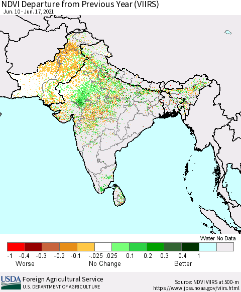 Southern Asia NDVI Departure from Previous Year (VIIRS) Thematic Map For 6/11/2021 - 6/20/2021