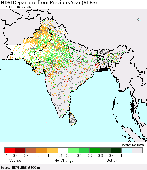 Southern Asia NDVI Departure from Previous Year (VIIRS) Thematic Map For 6/18/2021 - 6/25/2021