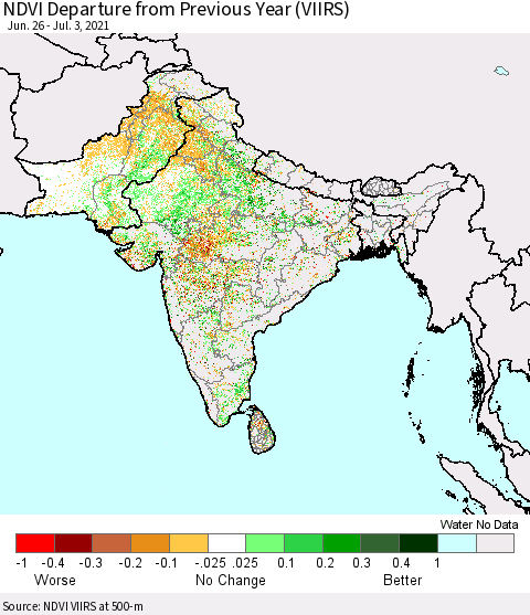 Southern Asia NDVI Departure from Previous Year (VIIRS) Thematic Map For 6/26/2021 - 7/3/2021