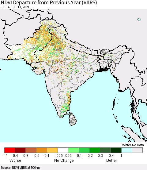 Southern Asia NDVI Departure from Previous Year (VIIRS) Thematic Map For 7/4/2021 - 7/11/2021