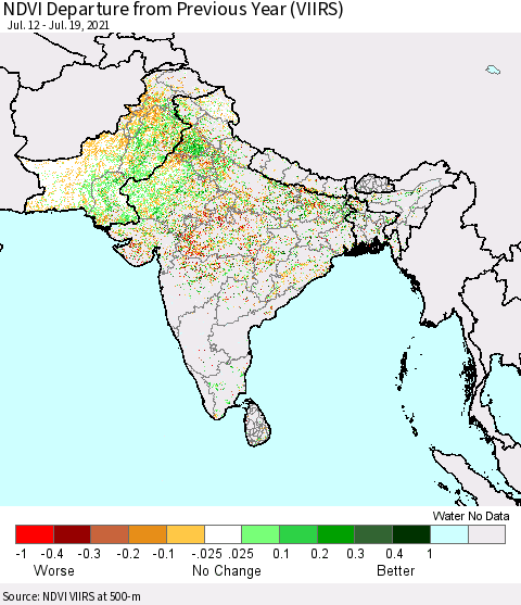 Southern Asia NDVI Departure from Previous Year (VIIRS) Thematic Map For 7/12/2021 - 7/19/2021
