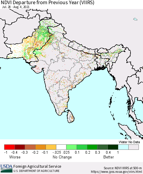 Southern Asia NDVI Departure from Previous Year (VIIRS) Thematic Map For 8/1/2021 - 8/10/2021
