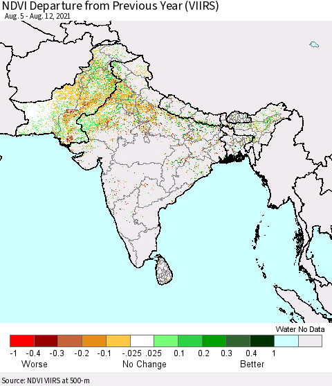 Southern Asia NDVI Departure from Previous Year (VIIRS) Thematic Map For 8/5/2021 - 8/12/2021