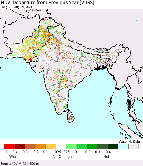 Southern Asia NDVI Departure from Previous Year (VIIRS) Thematic Map For 8/21/2021 - 8/28/2021